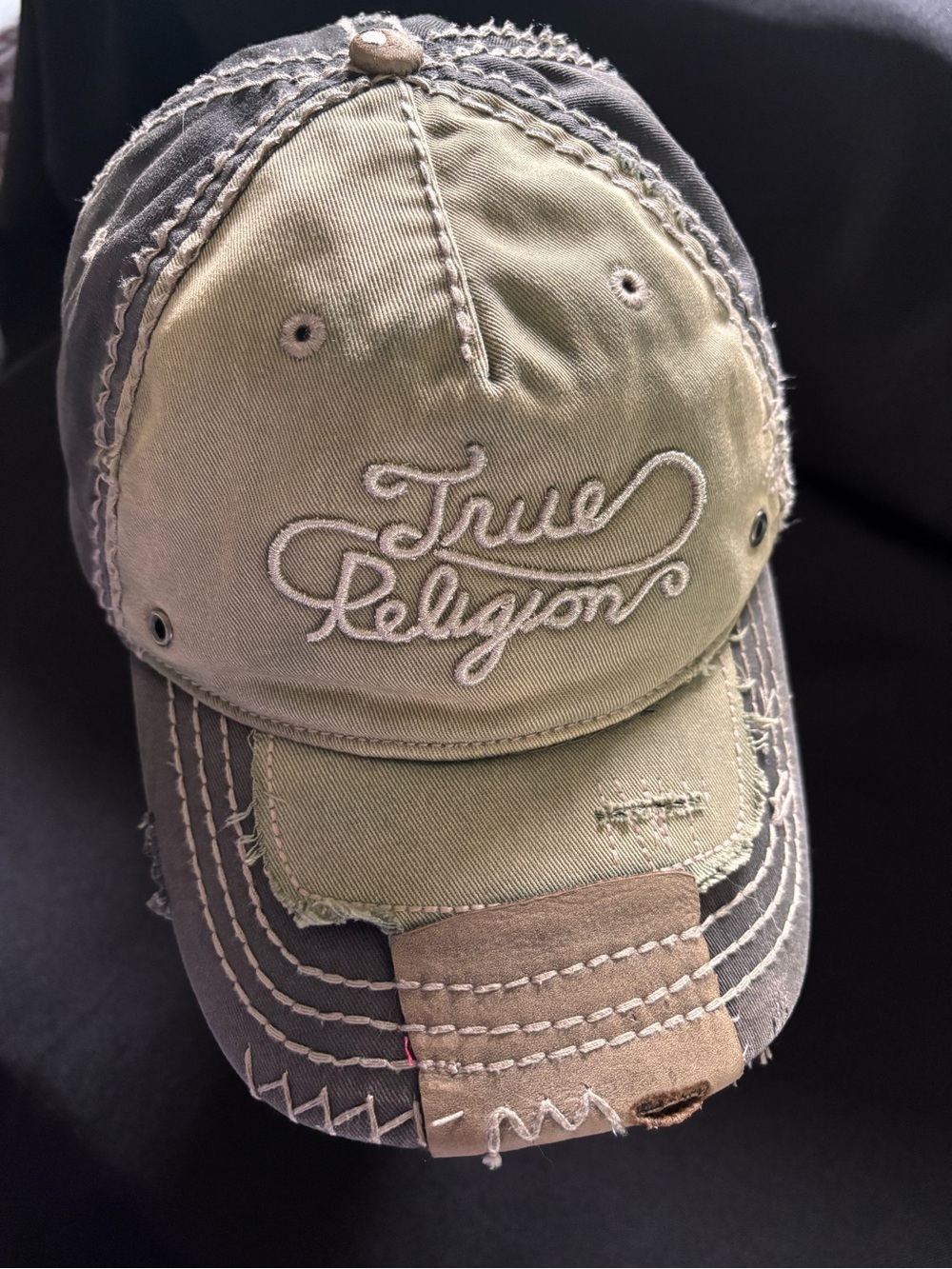 Vintage Y2K True Religion Two-Tone Distressed Cap in Olive & Gray
